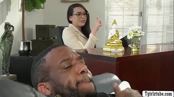 Best Asian TS psychiatrist interviews her black guy patient and then she lets him throat her shecock and bareback fuck her ass so hard new Movies